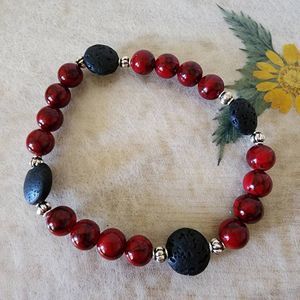 Glass and Lava Rock Bracelet Red Black Size 7.5 in.